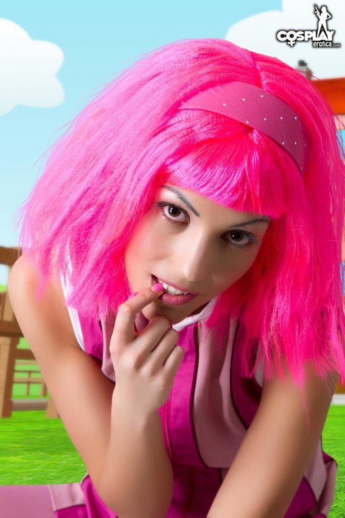 Adorable girl with pink hair Lazy Town exposes her nice body on a lawn-05